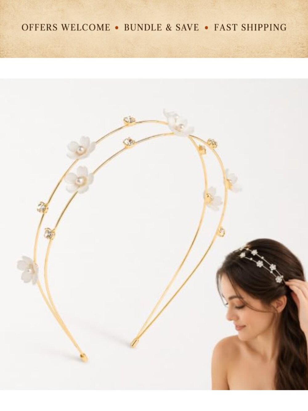 Double-Layer Floral Rhinestone Headband Thin Alloy Hair Hoop for Wedding Party
